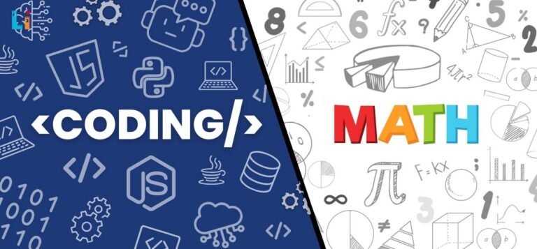 Split image with 'Coding' on the left featuring coding symbols like JavaScript and Python, and 'Math' on the right with math symbols like pi, graphs, and equations