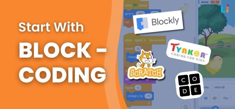 Logos of Scratch, Blockly, Tynker, and Code.org, popular platforms for teaching block-based coding to kids